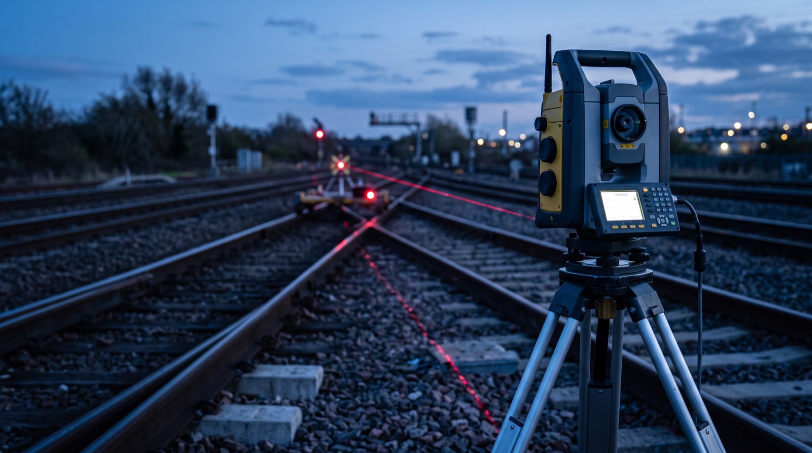 Tachymeter mit Laser am Gleis